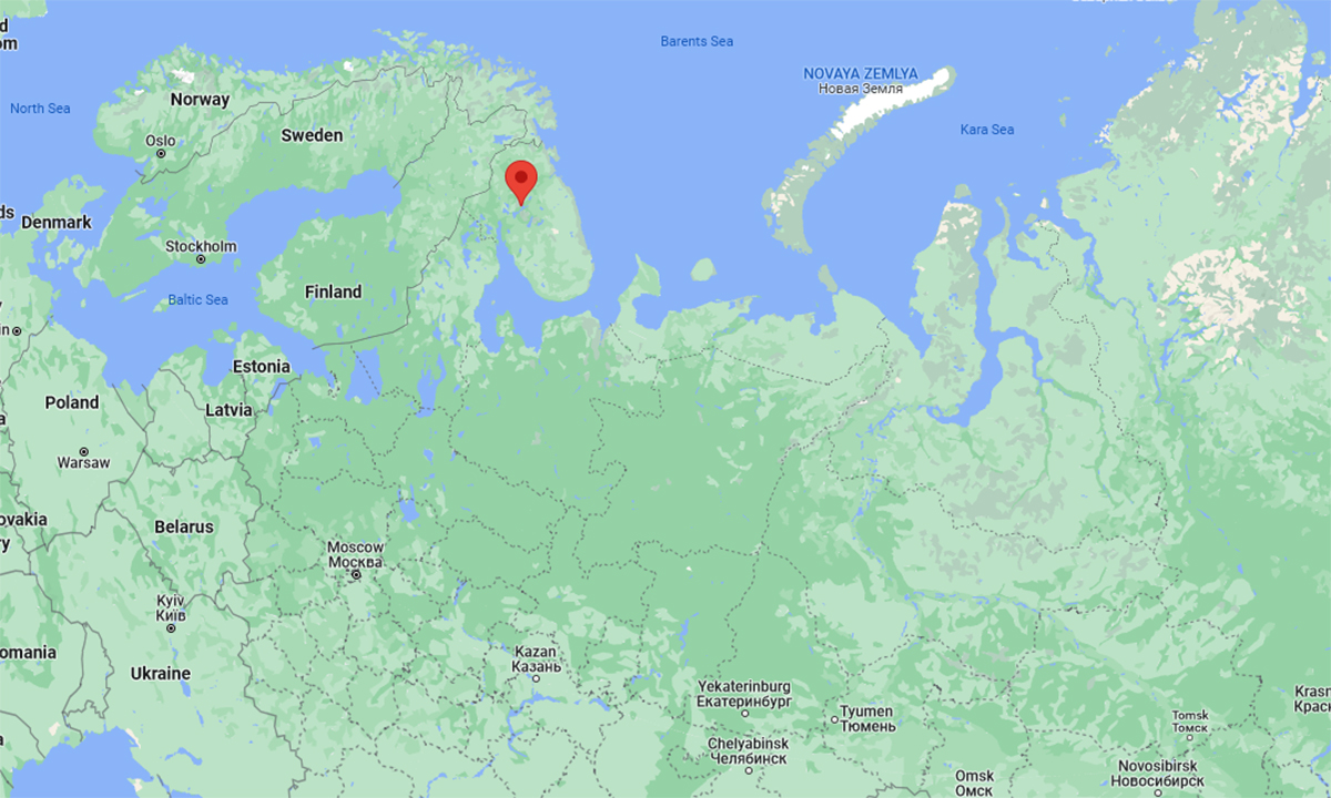 Vị trí thành phố Monchegorsk, tỉnh Murmansk (đánh dấu đỏ). Đồ họa: Google