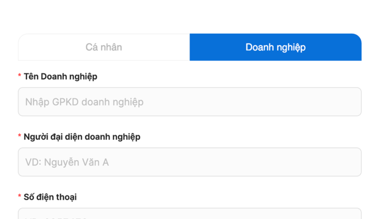 Phần đăng ký của doanh nghiệp trên app.