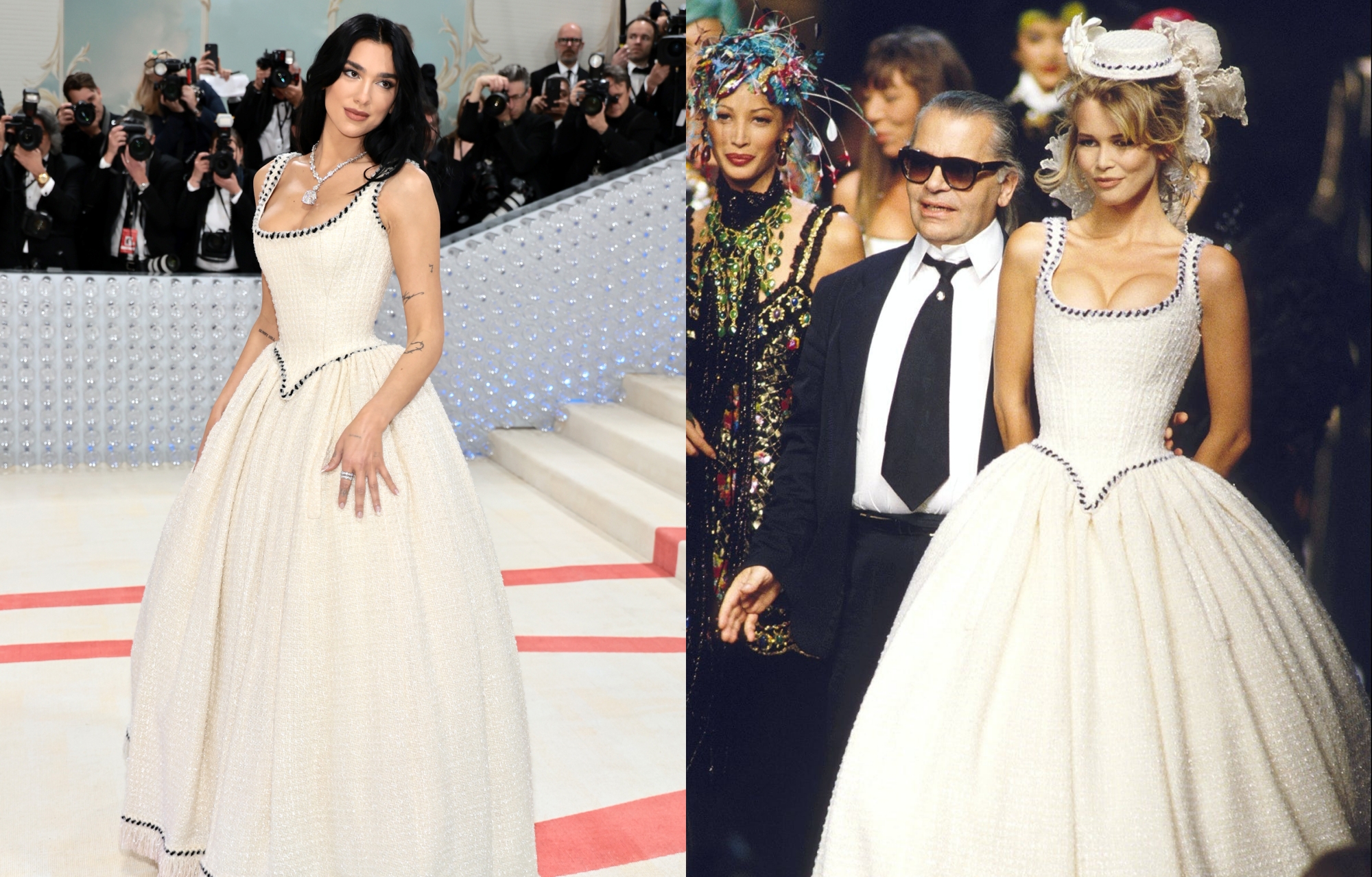Thiết kế Dua Lipa diện ở Met Gala được lấy từ kho lưu trữ đồ cổ của Chanel. Ban đầu, Karl Lagerfeld giao bộ đầm cho siêu mẫu Claudia Schiffer diện trong show Haute Couture mùa thu năm 1992. Ảnh: AFP