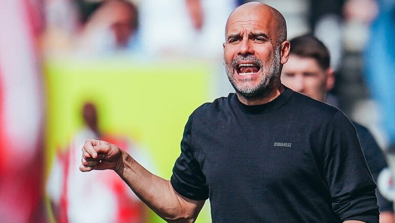 Guardiola chỉ đạo trong trận Man City thua Brentford 0-1 trên sân nhà Etihad ngày 28/5. Ảnh: mancity.com