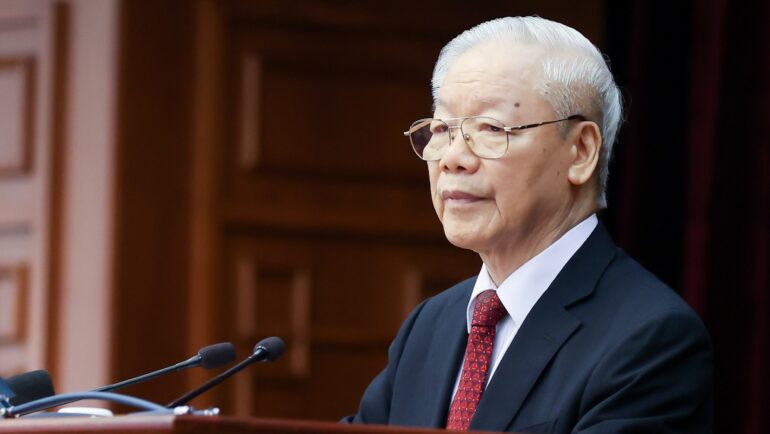 Tổng bí thư Nguyễn Phú Trọng phát biểu bế mạc hội nghị Trung ương 7 khóa 13, ngày 17/5/2023. Ảnh: Nhật Bắc