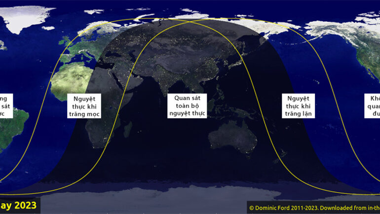 Bản đồ hiển thị những khu vực có thể quan sát nguyệt thực ngày 5/5. Ảnh: Dominic Ford/In-The-Sky.org