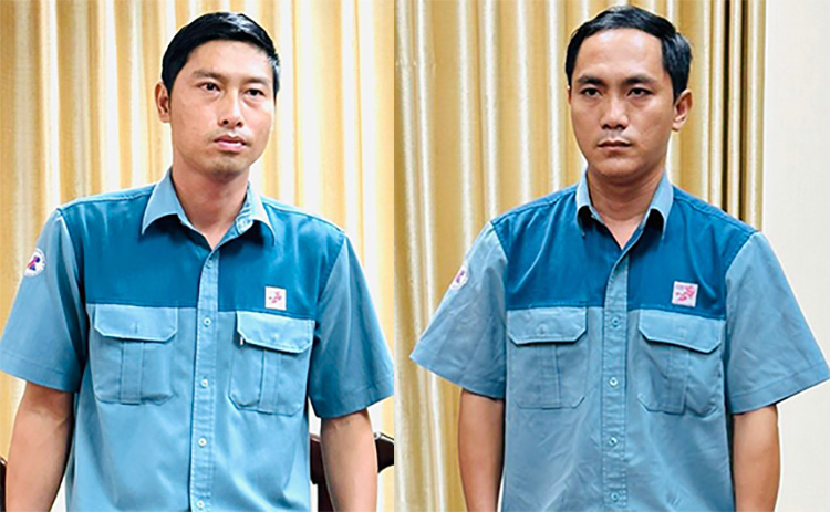 Huỳnh Hoàng Tâm (trái) cùng Phạm Minh Nhựt khi bị bắt tạm giam. Ảnh: Công an Cần Thơ