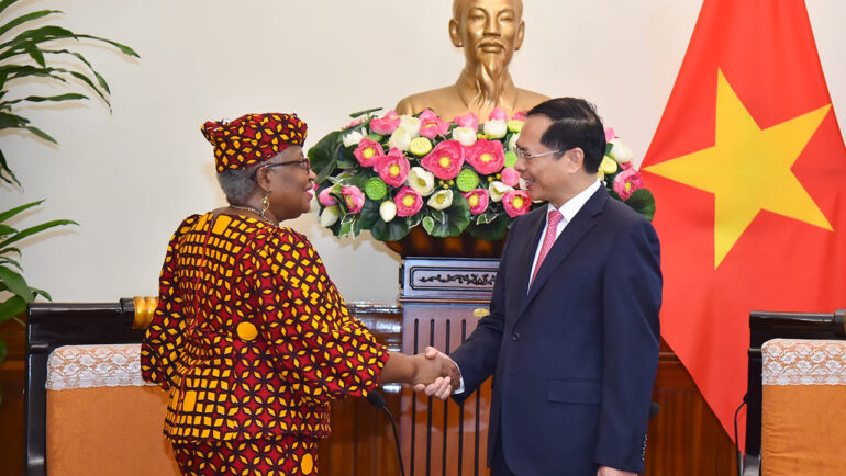 Tổng giám đốc WTO Ngozi Okonjo-Iweala (trái) và Bộ trưởng Ngoại giao Bùi Thanh Sơn trong cuộc gặp tại Hà Nội sáng 18/5. Ảnh: BNG