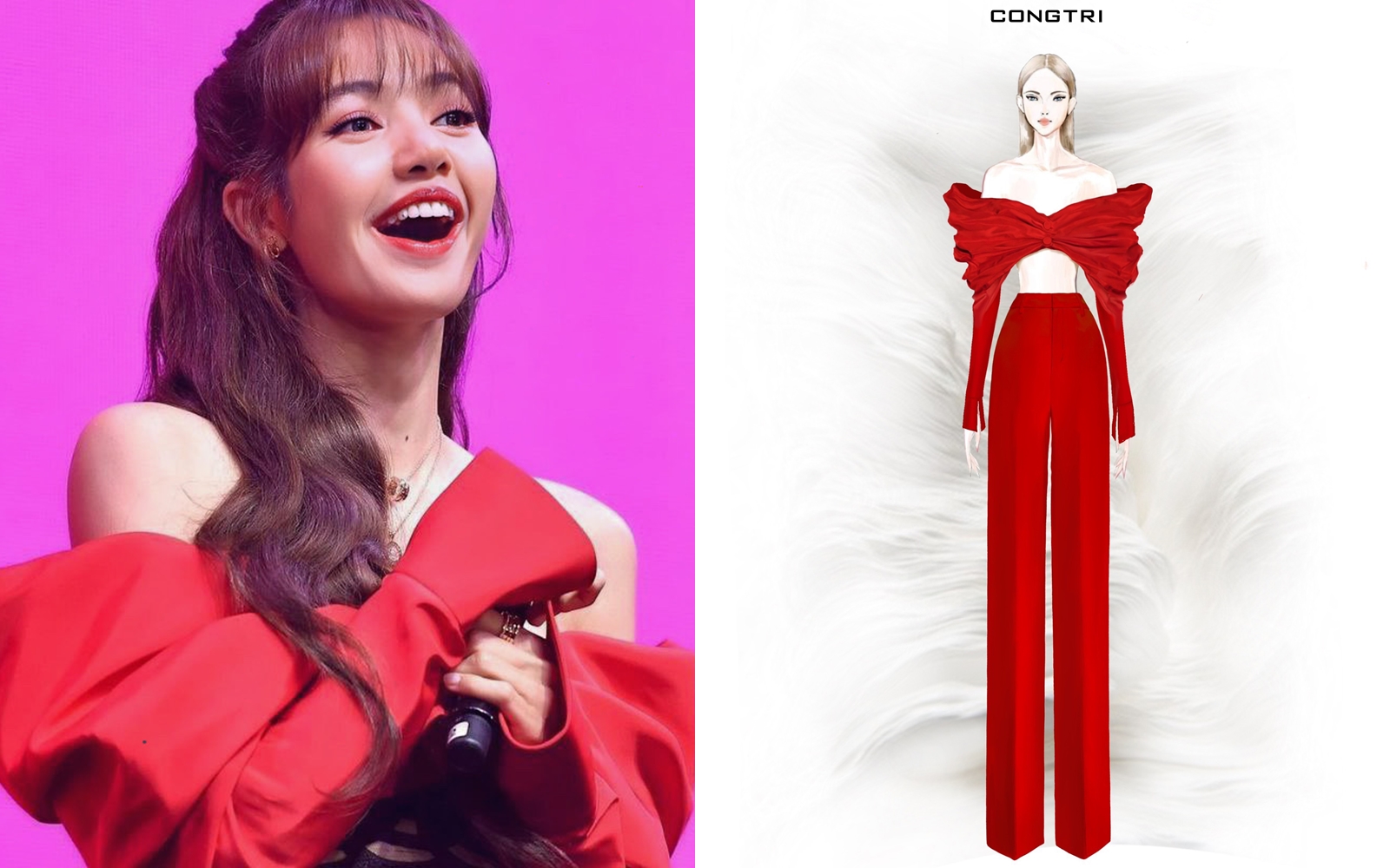 Ca sĩ được người hâm mộ khen xinh đẹp, trẻ trung trong trang phục tông đỏ, đen. Cô phối thêm áo quây, khác với bản gốc (phải) của Công Trí. Ảnh: Nhân vật cung cấp