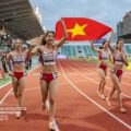 Tổ 4x400m nữ Việt Nam mừng chiến thắng ở chung kết nội dung này của giải vô địch điền kinh châu Á ngày 16/7. Ảnh: AAC