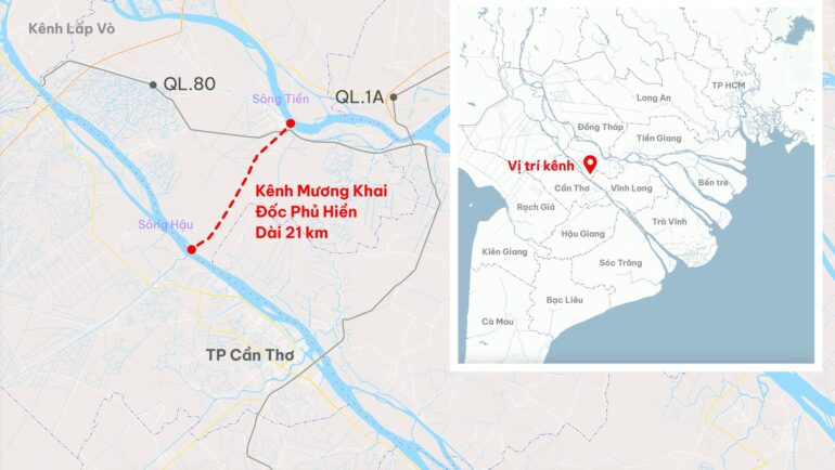 Vị trí kênh Mương Khai - Đốc Phủ Hiền, dự án đang được Đồng Tháp đề xuất đầu tư. Đồ hoạ: