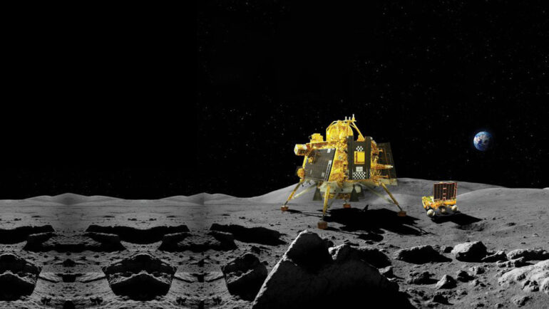 Mô phỏng trạm đổ bộ và robot trong nhiệm vụ Mặt Trăng Chandrayaan-3. Ảnh:
