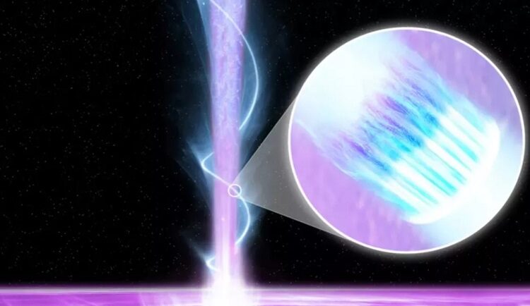 Mô phỏng Markarian 421 phát ra chùm tia năng lượng cao. Ảnh: NASA/Pablo Garcia