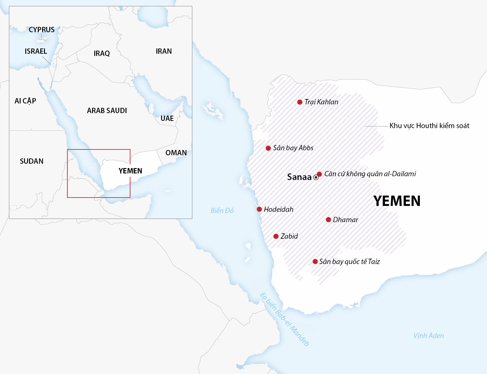 Khu vực Houthi kiểm soát tại Yemen. Đồ họa: AFP