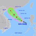 Dự báo hướng đi và khu vực ảnh hưởng của áp thấp nhiệt đới lúc 7h ngày 20/7. Ảnh: NCHMF
