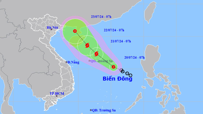 Dự báo hướng đi và khu vực ảnh hưởng của áp thấp nhiệt đới lúc 7h ngày 20/7. Ảnh: NCHMF