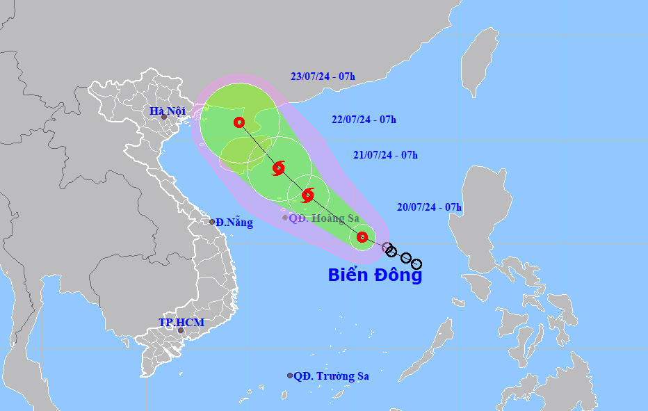 Dự báo hướng đi và khu vực ảnh hưởng của áp thấp nhiệt đới lúc 7h ngày 20/7. Ảnh: NCHMF