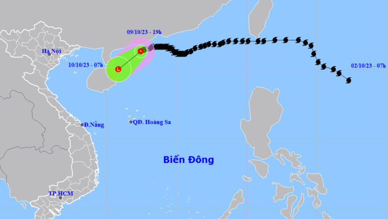 Dự báo đường đi và khu vực ảnh hưởng của áp thấp nhiệt đới. Ảnh: NCHMF