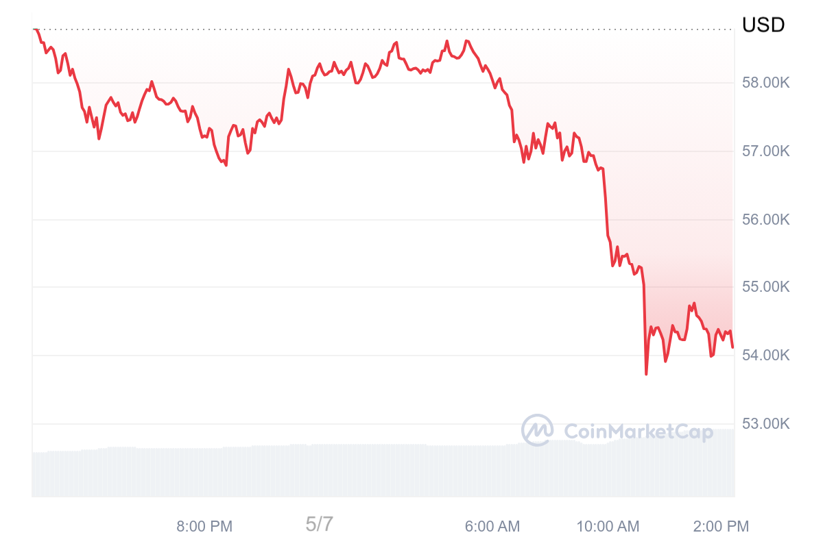 Giá Bitcoin trong 24h qua đã giảm gần 8%. Ảnh: CoinMarketCap