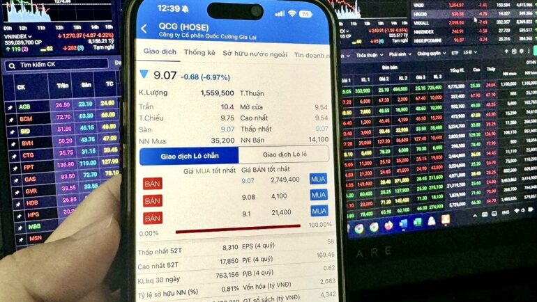 Cổ phiếu QCG dư bán giá sàn hơn 2,7 triệu cổ phiếu tới cuối phiên sáng 19/7. Ảnh: Minh Sơn