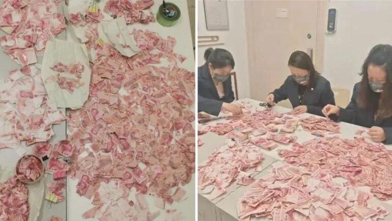 Nhân viên ngân hàng ICBC Côn Minh ghép tiền cho cô Trương hồi tháng 7. Ảnh: Oriental Daily