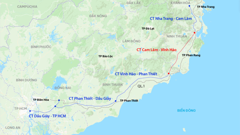 Cam Lâm - Vĩnh Hảo là một trong 5 đoạn cao tốc nối TP HCM với Nha Trang. Đồ hoạ: Đăng Hiếu