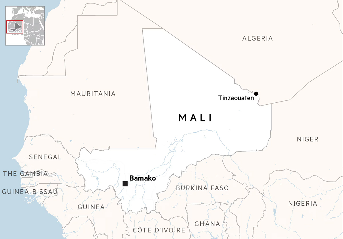 Vị trí thị trấn Tinzaouaten, Mali. Đồ họa: Map Creator