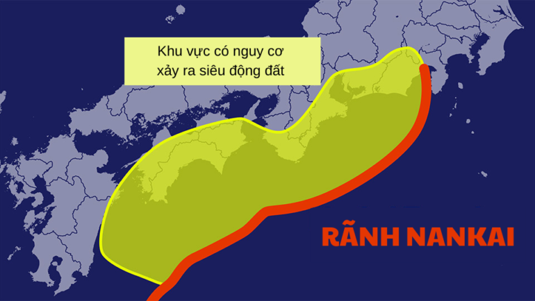 Vị trí rãnh Nankai và khu vực có nguy cơ xảy ra siêu động đất. Đồ họa: NHK