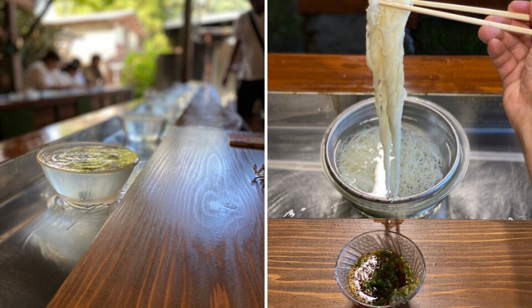 Món mì lạnh phục vụ kiểu băng chuyền tại nhà nghỉ truyền thống Ryokan Kurotakesou, Yufu, Oita. Ảnh: Fujimo