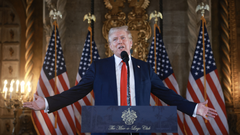 Republican presidential candidate former President Donald Trump speaks during a press conference at his Mar-a-Lago estate on August 08, 2024, in Palm Beach, Florida. Polls currently show a close race between Trump and Democratic presidential candidate, U.S. Vice President Kamala Harris. Joe Raedle/Getty Images/AFP