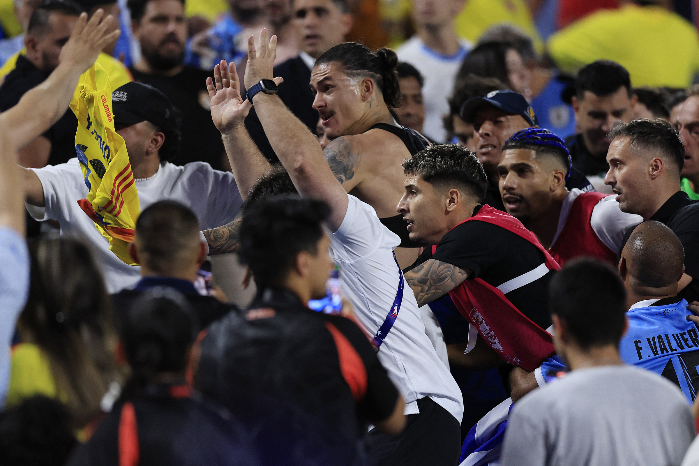 Tiền đạo Uruguay Darwin Nunez lao lên khán đài, đánh nhau với CĐV Colombia sau trận bán kết Copa America 2024 sáng 7/10. Ảnh: AFP