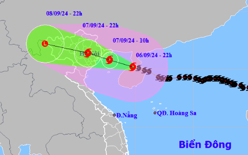 Dự báo hướng đi và vùng ảnh hưởng bão Yagi, tối 6/9. Ảnh: NCHMF