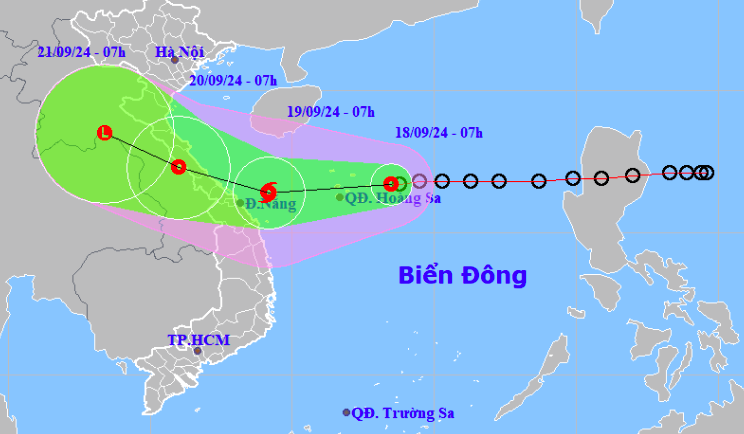 Dự báo hướng đi và vùng ảnh hưởng áp thấp nhiệt đới. Ảnh: NCHMF