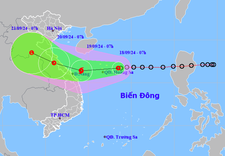 Dự báo hướng đi và vùng ảnh hưởng áp thấp nhiệt đới. Ảnh: NCHMF