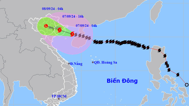 Dự báo đường đi và khu vực ảnh hưởng của bão Yagi. Ảnh: NCHMF