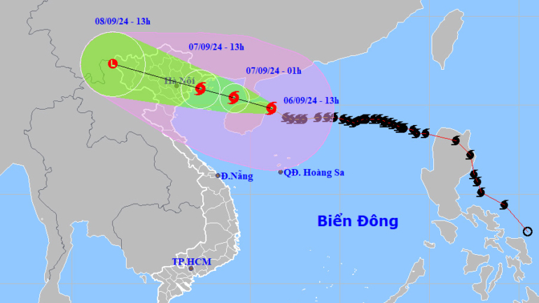 Dự báo đường đi và khu vực ảnh hưởng của bão Yagi. Ảnh: NCHMF