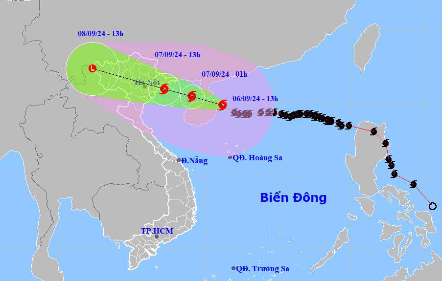 Dự báo đường đi và khu vực ảnh hưởng của bão Yagi. Ảnh: NCHMF