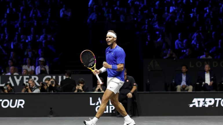 Nadal mừng một điểm thắng tại Laver Cup 2019. Ảnh: Reuters