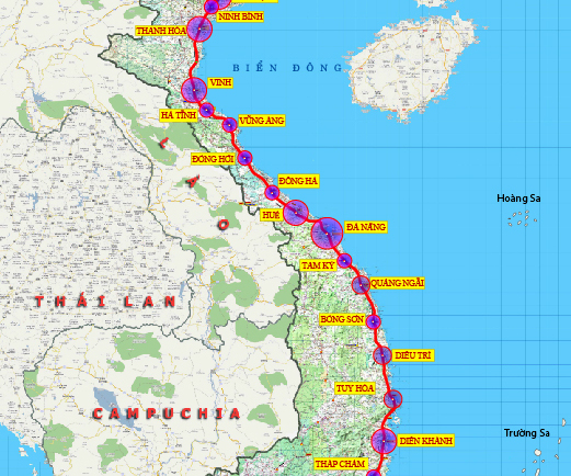 Dự kiến hướng tuyến và các nhà ga của đường sắt tốc độ cao Bắc Nam. Nguồn: Tư vấn TEDI